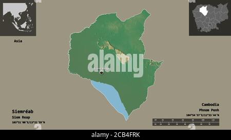 Form von Siemréab, Provinz Kambodscha, und seine Hauptstadt. Entfernungsskala, Vorschauen und Beschriftungen. Topografische Reliefkarte. 3D-Rendering Stockfoto