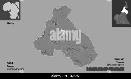 Form von Nord, Region Kamerun, und seine Hauptstadt. Entfernungsskala, Vorschauen und Beschriftungen. Höhenkarte mit zwei Ebenen. 3D-Rendering Stockfoto