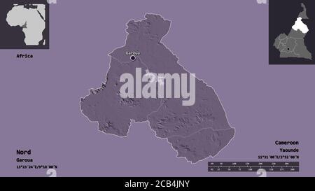 Form von Nord, Region Kamerun, und seine Hauptstadt. Entfernungsskala, Vorschauen und Beschriftungen. Farbige Höhenkarte. 3D-Rendering Stockfoto