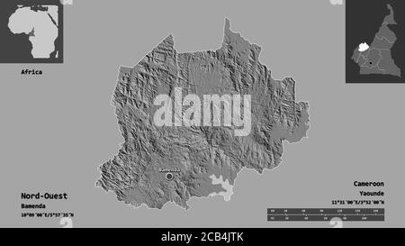 Form von Nord-Ouest, Region Kamerun, und seine Hauptstadt. Entfernungsskala, Vorschauen und Beschriftungen. Höhenkarte mit zwei Ebenen. 3D-Rendering Stockfoto