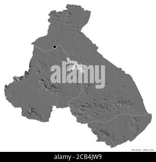 Form von Nord, Region Kamerun, mit seiner Hauptstadt isoliert auf weißem Hintergrund. Höhenkarte mit zwei Ebenen. 3D-Rendering Stockfoto