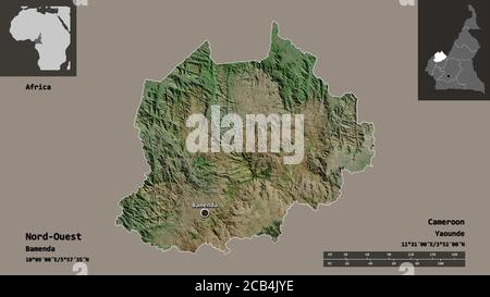 Form von Nord-Ouest, Region Kamerun, und seine Hauptstadt. Entfernungsskala, Vorschauen und Beschriftungen. Satellitenbilder. 3D-Rendering Stockfoto