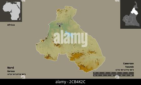 Form von Nord, Region Kamerun, und seine Hauptstadt. Entfernungsskala, Vorschauen und Beschriftungen. Topografische Reliefkarte. 3D-Rendering Stockfoto