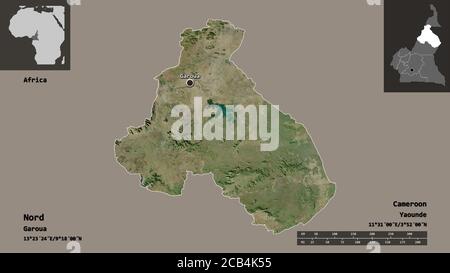 Form von Nord, Region Kamerun, und seine Hauptstadt. Entfernungsskala, Vorschauen und Beschriftungen. Satellitenbilder. 3D-Rendering Stockfoto