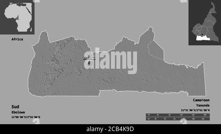 Form des Südens, Region Kamerun, und seine Hauptstadt. Entfernungsskala, Vorschauen und Beschriftungen. Höhenkarte mit zwei Ebenen. 3D-Rendering Stockfoto