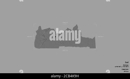 Gebiet Süd, Region Kamerun, isoliert auf einem soliden Hintergrund in einem georeferenzierten Begrenzungsrahmen. Beschriftungen. Höhenkarte mit zwei Ebenen. 3D-Rendering Stockfoto