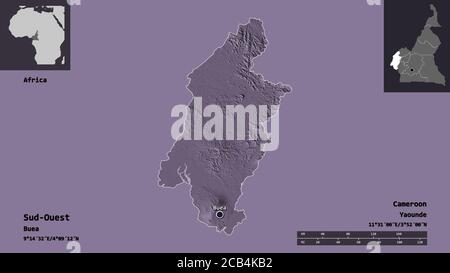 Form von Sud-Ouest, Region von Kamerun, und seine Hauptstadt. Entfernungsskala, Vorschauen und Beschriftungen. Farbige Höhenkarte. 3D-Rendering Stockfoto