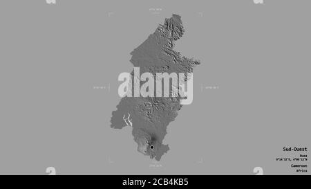 Gebiet von Sud-Ouest, Region Kamerun, isoliert auf einem soliden Hintergrund in einem georeferenzierten Begrenzungsrahmen. Beschriftungen. Höhenkarte mit zwei Ebenen. 3D-Rendering Stockfoto