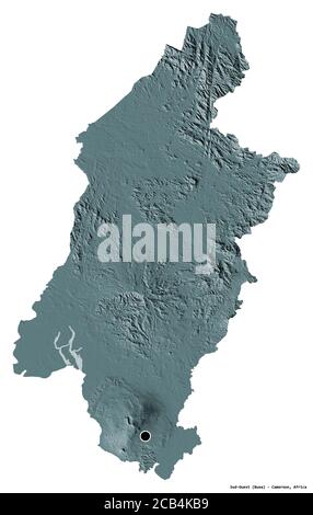 Form von Sud-Ouest, Region von Kamerun, mit seiner Hauptstadt isoliert auf weißem Hintergrund. Farbige Höhenkarte. 3D-Rendering Stockfoto