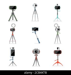 Set aus Stativen, Einbeinern für ein Selfie mit Smartphones und Kameras. Vektor flache Illustration der Fotografie Ausrüstung. Professionelle Fotogeräte, Selfie-Sticks isoliert auf weißem Hintergrund. Stock Vektor