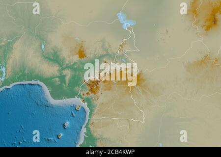 Ausgedehntes Gebiet Kameruns mit Länderübersicht, internationalen und regionalen Grenzen. Topografische Reliefkarte. 3D-Rendering Stockfoto