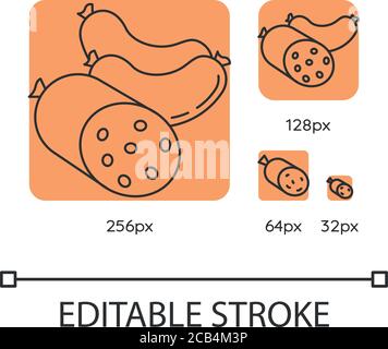 Würste orange lineare Symbole gesetzt. Hackfleischprodukte. Gastronomie Hähnchen und Schwein Artikel. Dünne Linie anpassbar 256, 128, 64 und 32 px Vektor illustrr Stock Vektor