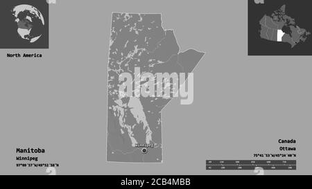 Form von Manitoba, Provinz von Kanada, und seine Hauptstadt. Entfernungsskala, Vorschauen und Beschriftungen. Höhenkarte mit zwei Ebenen. 3D-Rendering Stockfoto