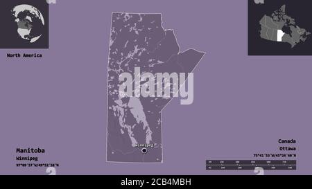 Form von Manitoba, Provinz von Kanada, und seine Hauptstadt. Entfernungsskala, Vorschauen und Beschriftungen. Farbige Höhenkarte. 3D-Rendering Stockfoto