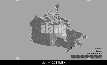 Entsättigte Form von Kanada mit seiner Hauptstadt, der wichtigsten regionalen Teilung und dem abgetrennten Manitoba-Gebiet. Beschriftungen. Höhenkarte mit zwei Ebenen. 3D-Rendering Stockfoto