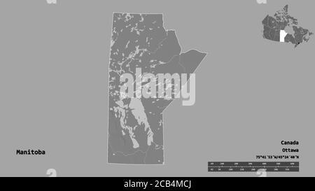 Form von Manitoba, Provinz von Kanada, mit seiner Hauptstadt auf festem Hintergrund isoliert. Entfernungsskala, Regionenvorschau und Beschriftungen. Höhenkarte mit zwei Ebenen Stockfoto