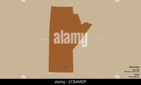 Gebiet von Manitoba, Provinz Kanada, isoliert auf einem soliden Hintergrund in einem georeferenzierten Begrenzungsrahmen. Beschriftungen. Komposition von gemusterten Texturen. 3D-RE Stockfoto