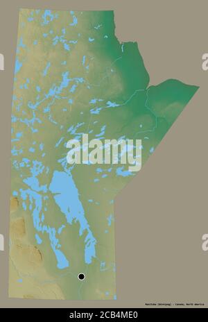 Form von Manitoba, Provinz von Kanada, mit seiner Hauptstadt isoliert auf einem einfarbigen Hintergrund. Topografische Reliefkarte. 3D-Rendering Stockfoto