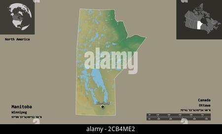 Form von Manitoba, Provinz von Kanada, und seine Hauptstadt. Entfernungsskala, Vorschauen und Beschriftungen. Topografische Reliefkarte. 3D-Rendering Stockfoto