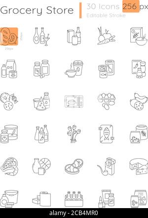 Lebensmittelgeschäft lineare Symbole gesetzt. Verschiedene Lebensmittelbereiche im Supermarkt. Getränk Produkte.anpassbare dünne Linie Kontur Symbole. Isolierte Vektorkontur 256 x 256 Stock Vektor