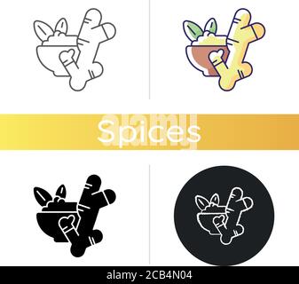 Ingwer-Symbol. Frische Ingwerwurzel. Kräutermedizin. Asiatische Gewürze. Gesunde Ernährung. Chinesische Medizin. Küchengewürze. Lineare Schwarz- und RGB-Farbstile. ICH Stock Vektor