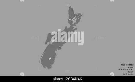 Gebiet von Nova Scotia, Provinz Kanada, isoliert auf einem soliden Hintergrund in einem georeferenzierten Begrenzungsrahmen. Beschriftungen. Höhenkarte mit zwei Ebenen. 3D-Rendering Stockfoto