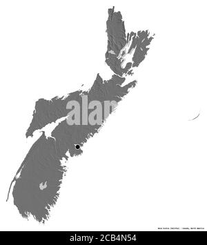 Form von Nova Scotia, Provinz Kanada, mit seiner Hauptstadt isoliert auf weißem Hintergrund. Höhenkarte mit zwei Ebenen. 3D-Rendering Stockfoto