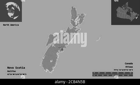 Form von Nova Scotia, Provinz Kanada, und seine Hauptstadt. Entfernungsskala, Vorschauen und Beschriftungen. Höhenkarte mit zwei Ebenen. 3D-Rendering Stockfoto