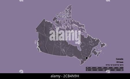 Entsättigte Form von Kanada mit seiner Hauptstadt, der wichtigsten regionalen Teilung und der abgetrennten Nunavut-Bereich. Beschriftungen. Farbige Höhenkarte. 3D-Rendering Stockfoto