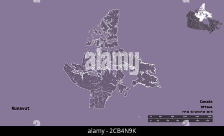 Form von Nunavut, Gebiet von Kanada, mit seiner Hauptstadt auf festem Hintergrund isoliert. Entfernungsskala, Regionenvorschau und Beschriftungen. Farbige Höhenkarte Stockfoto