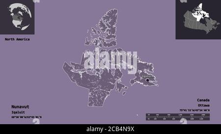 Form von Nunavut, Gebiet von Kanada, und seine Hauptstadt. Entfernungsskala, Vorschauen und Beschriftungen. Farbige Höhenkarte. 3D-Rendering Stockfoto