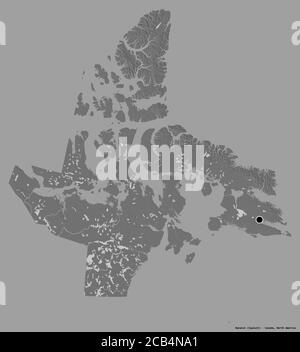 Form von Nunavut, Gebiet von Kanada, mit seiner Hauptstadt isoliert auf einem einfarbigen Hintergrund. Höhenkarte mit zwei Ebenen. 3D-Rendering Stockfoto