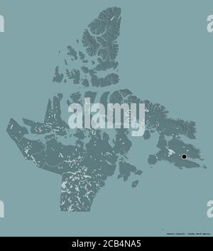Form von Nunavut, Gebiet von Kanada, mit seiner Hauptstadt isoliert auf einem einfarbigen Hintergrund. Farbige Höhenkarte. 3D-Rendering Stockfoto