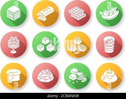 Weltberühmte Desserts flaches Design lange Schatten Glyphen Symbole Set. Traditionelle Süßigkeiten. Türkisches Vergnügen. Lavakuchen mit Schokolade. Brownies. Tiramisu. Europäisch Stock Vektor