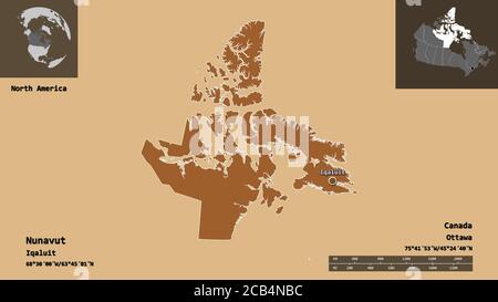 Form von Nunavut, Gebiet von Kanada, und seine Hauptstadt. Entfernungsskala, Vorschauen und Beschriftungen. Komposition von gemusterten Texturen. 3D-Rendering Stockfoto