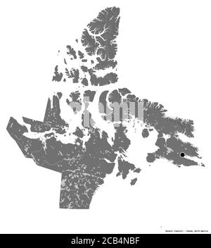 Form von Nunavut, Gebiet von Kanada, mit seiner Hauptstadt isoliert auf weißem Hintergrund. Höhenkarte mit zwei Ebenen. 3D-Rendering Stockfoto