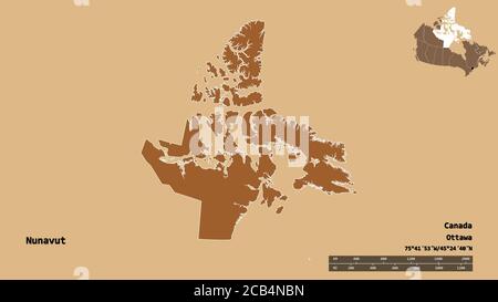 Form von Nunavut, Gebiet von Kanada, mit seiner Hauptstadt auf festem Hintergrund isoliert. Entfernungsskala, Regionenvorschau und Beschriftungen. Zusammensetzung des Patters Stockfoto