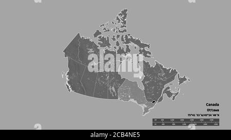 Entsättigte Form von Kanada mit seiner Hauptstadt, Hauptregionalteilung und dem abgetrennten Ontario-Gebiet. Beschriftungen. Höhenkarte mit zwei Ebenen. 3D-Rendering Stockfoto