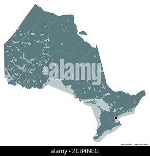 Form von Ontario, Provinz Kanada, mit seiner Hauptstadt isoliert auf weißem Hintergrund. Farbige Höhenkarte. 3D-Rendering Stockfoto