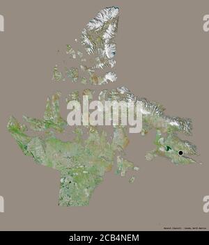 Form von Nunavut, Gebiet von Kanada, mit seiner Hauptstadt isoliert auf einem einfarbigen Hintergrund. Satellitenbilder. 3D-Rendering Stockfoto