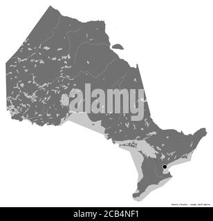 Form von Ontario, Provinz Kanada, mit seiner Hauptstadt isoliert auf weißem Hintergrund. Höhenkarte mit zwei Ebenen. 3D-Rendering Stockfoto