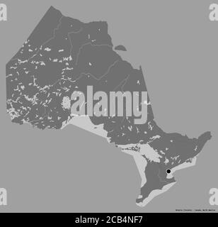 Form von Ontario, Provinz von Kanada, mit seiner Hauptstadt isoliert auf einem einfarbigen Hintergrund. Höhenkarte mit zwei Ebenen. 3D-Rendering Stockfoto