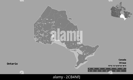 Form von Ontario, Provinz von Kanada, mit seiner Hauptstadt auf festem Hintergrund isoliert. Entfernungsskala, Regionenvorschau und Beschriftungen. Höhenkarte mit zwei Ebenen. Stockfoto