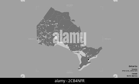 Gebiet von Ontario, Provinz Kanada, isoliert auf einem soliden Hintergrund in einem georeferenzierten Begrenzungsrahmen. Beschriftungen. Höhenkarte mit zwei Ebenen. 3D-Rendering Stockfoto