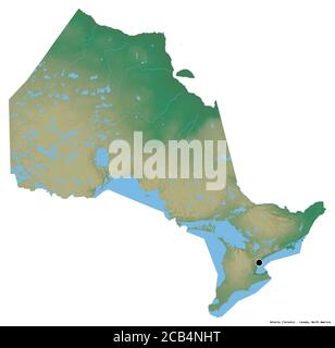 Form von Ontario, Provinz Kanada, mit seiner Hauptstadt isoliert auf weißem Hintergrund. Topografische Reliefkarte. 3D-Rendering Stockfoto