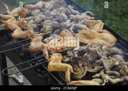Nahaufnahme der Hähnchenflügel auf einem Grillnetz Stockfoto