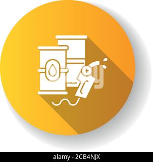 Petroleum gelb flaches Design lange Schatten Glyphe Symbol. Petrochemische Industrie, Petroleum Raffinerie, Energiemarkt. Lagerung fossiler Brennstoffe, Fässer mit rohem m Stock Vektor