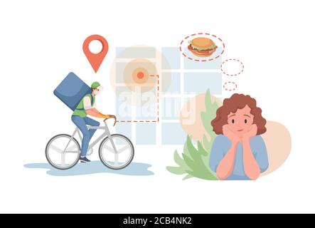 Delivery Mann in medizinischen Gesichtsmaske Reiten auf Fahrrad und liefert Pakete an Kunden mit Navigationssystem Vektor flache Cartoon Illustration. Online-Shopping, Lieferservice und Logistikkonzept. Stock Vektor