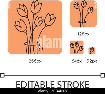 Blumen orange lineare Symbole gesetzt. Blumenstrauß zur Begrüßung. Romantisches Geschenk. Geschenk zum valentinstag. Dünne Linie anpassbar 256, 128, 64 und 32 px Vektor-illuu Stock Vektor