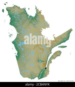 Form von Québec, Provinz von Kanada, mit seiner Hauptstadt isoliert auf weißem Hintergrund. Topografische Reliefkarte. 3D-Rendering Stockfoto